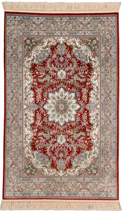 Qom Oriental Rug 80 × 124 cm, Silk, Red/Orange, hand-knotted