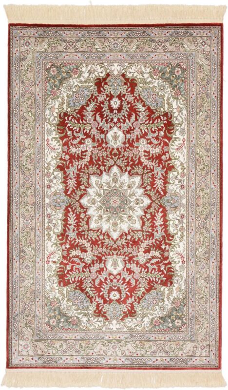 Qom Oriental Rug 80 × 124 cm, Silk, Red/Orange, hand-knotted, exclusive