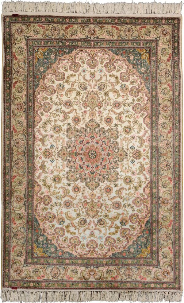 Hereke Oriental Rug 126 × 186 cm, Silk, White/Beige, hand-knotted