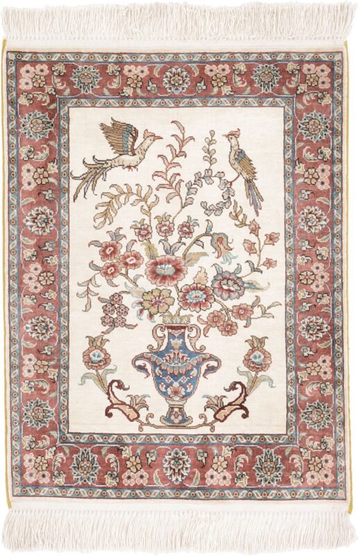 Hereke Oriental Rug 46 × 61 cm, Silk, White/Beige, hand-knotted
