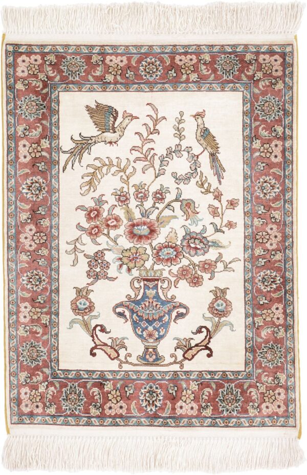 Hereke Oriental Rug 46 × 61 cm, Silk, White/Beige, hand-knotted