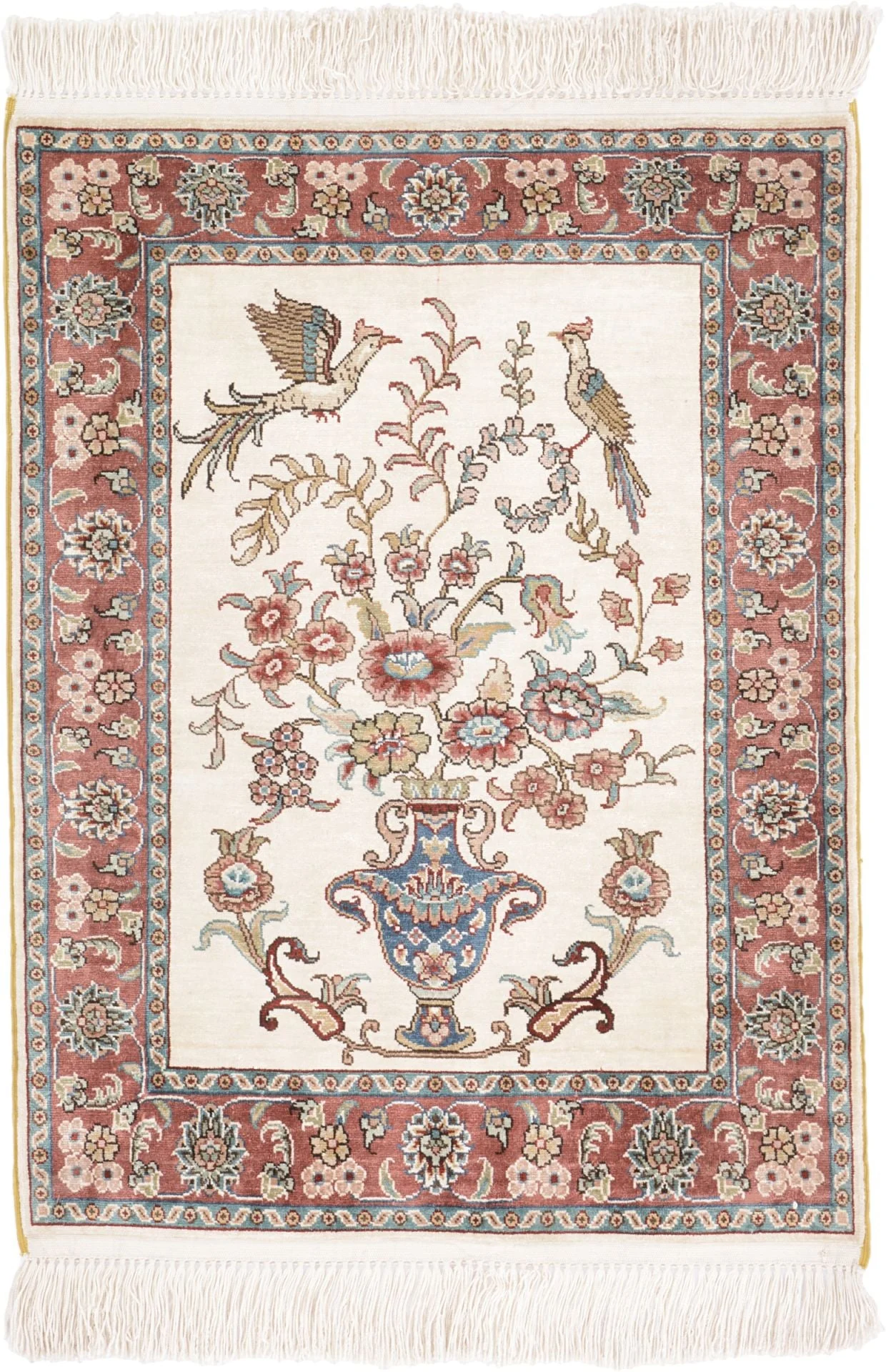 Hereke Oriental Rug 46 × 61 cm, Silk, White/Beige, hand-knotted