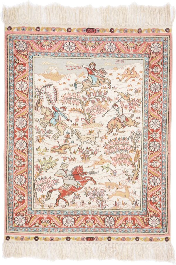Hereke Oriental Rug 46 × 61 cm, Silk, White/Beige, hand-knotted