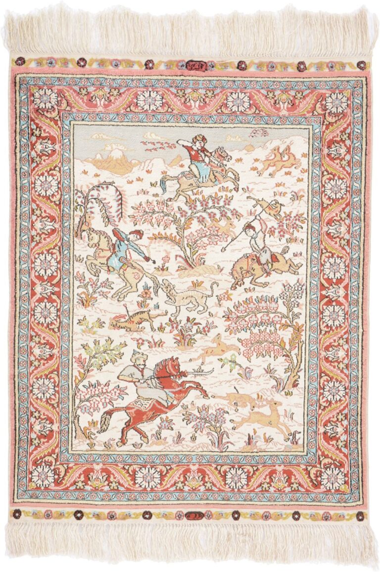 Hereke Oriental Rug 46 × 61 cm, Silk, White/Beige, hand-knotted