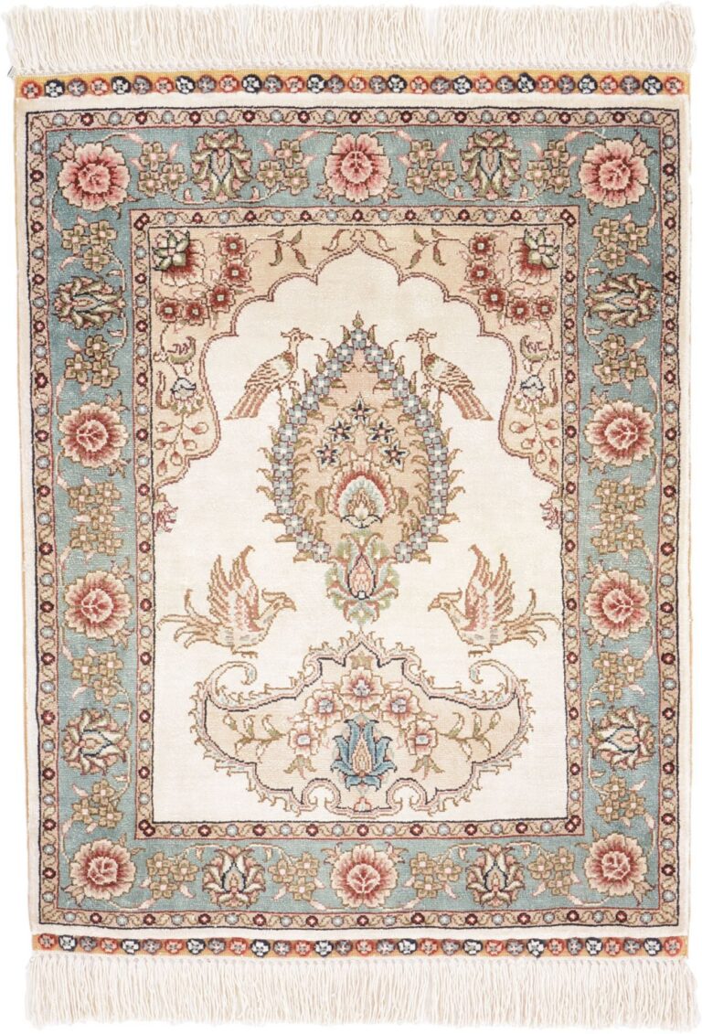 Hereke Oriental Rug 46 × 61 cm, Silk, White/Beige, hand-knotted