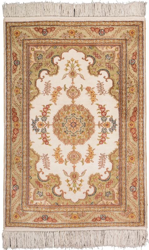 Hereke Oriental Rug 63 × 92 cm, Silk, White/Beige, hand-knotted