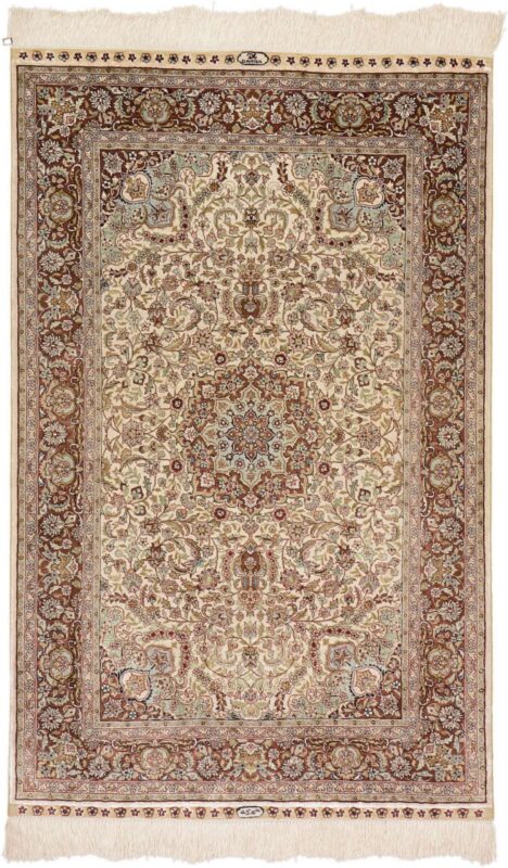 Hereke Oriental Rug 76 × 122 cm, Silk, White/Beige, hand-knotted