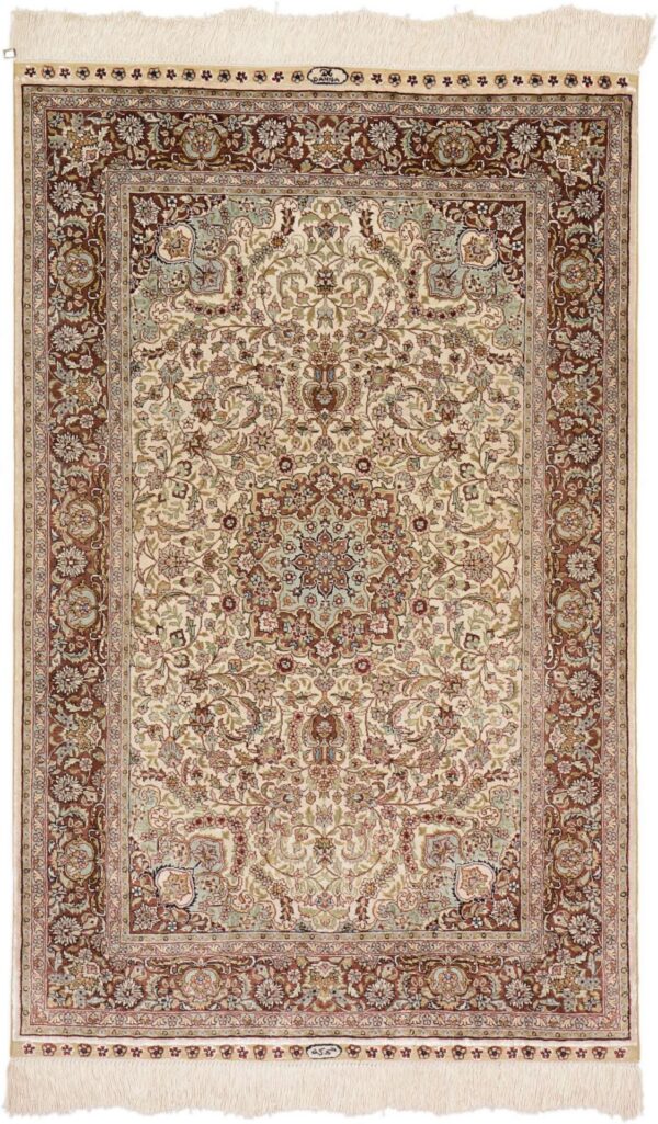 Hereke Oriental Rug 76 × 122 cm, Silk, White/Beige, hand-knotted
