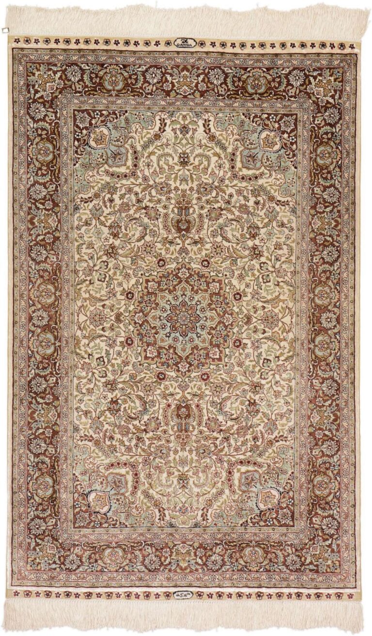Hereke Oriental Rug 76 × 122 cm, Silk, White/Beige, hand-knotted