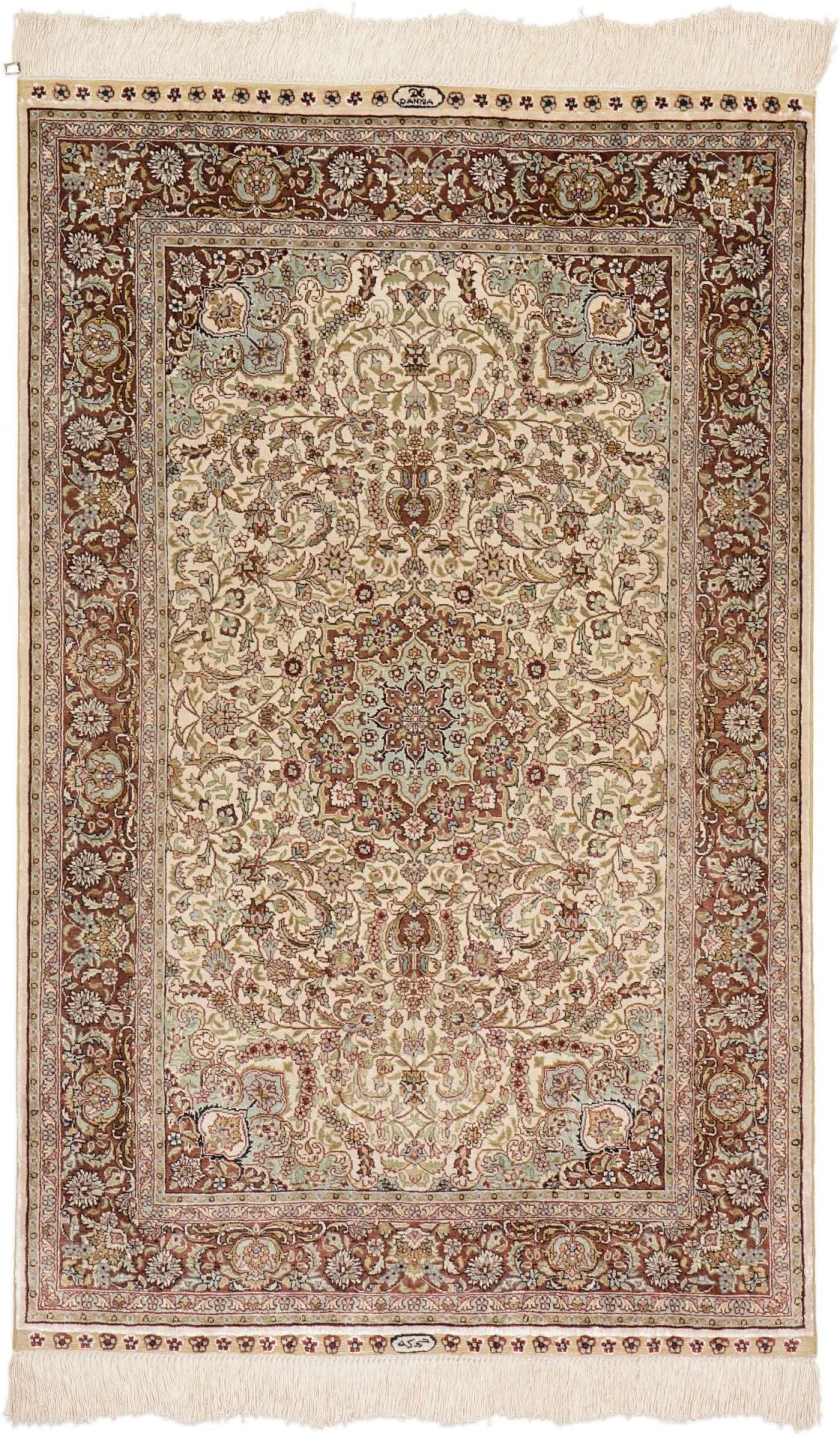 Hereke Oriental Rug 76 × 122 cm, Silk, White/Beige, hand-knotted