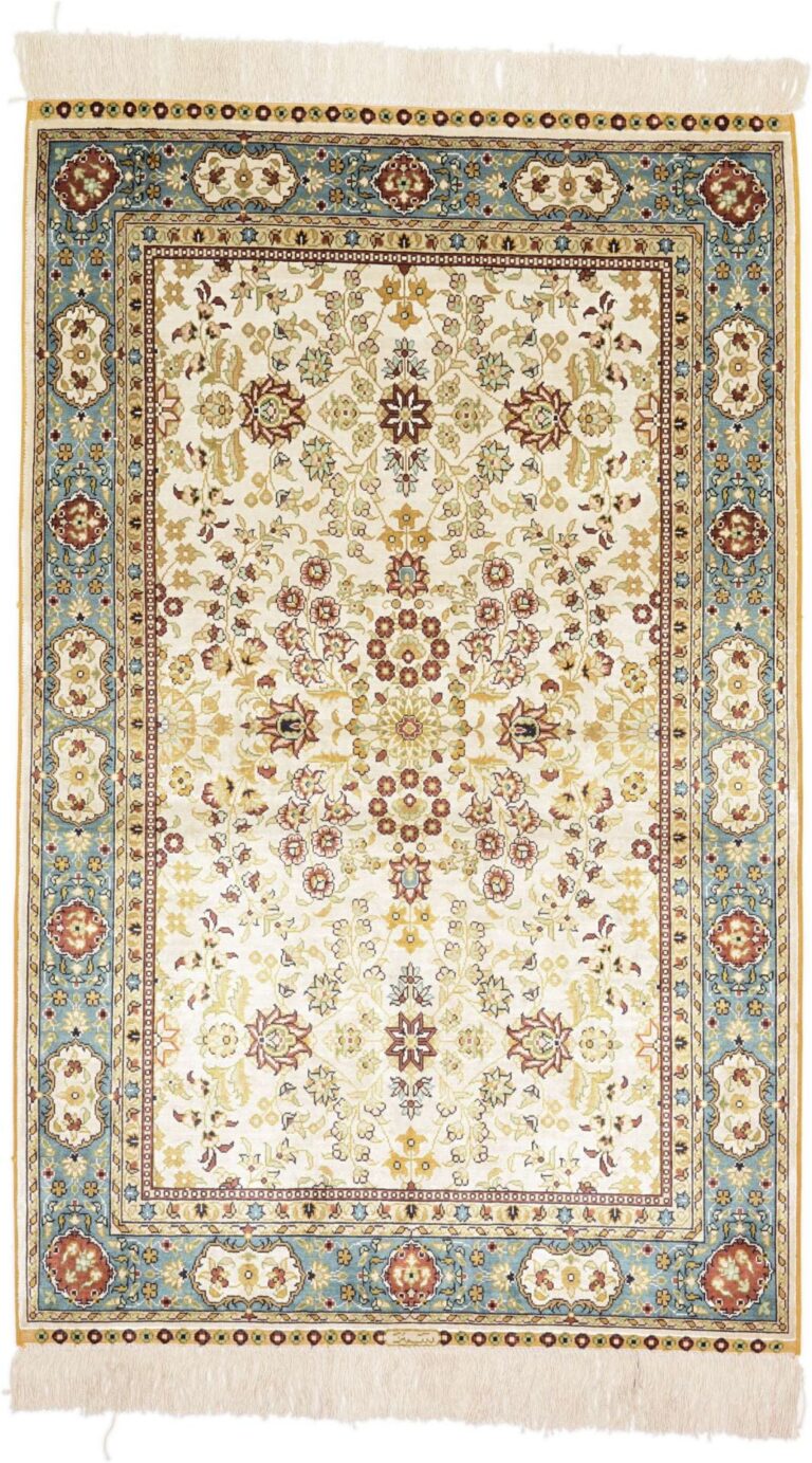 Hereke Oriental Rug 79 × 123 cm, Silk, White/Beige, hand-knotted
