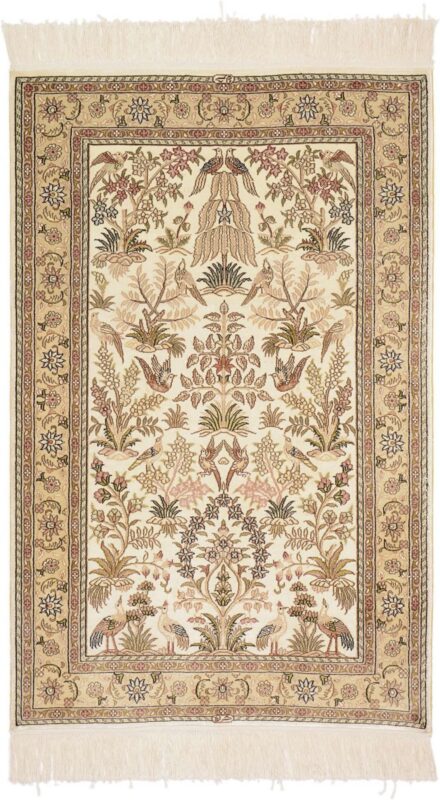 Hereke Oriental Rug 79 × 123 cm, Silk, White/Beige, hand-knotted