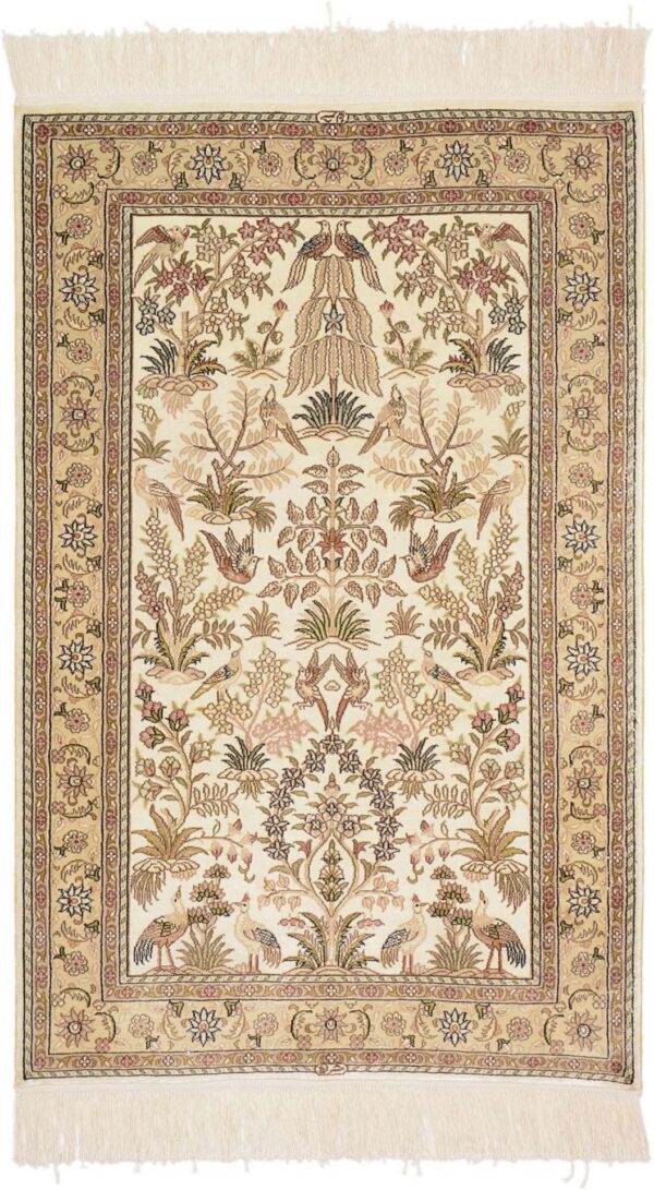 Hereke Oriental Rug 79 × 123 cm, Silk, White/Beige, hand-knotted