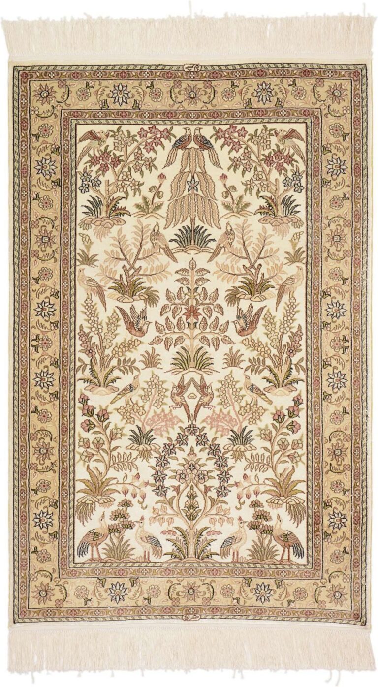 Hereke Oriental Rug 79 × 123 cm, Silk, White/Beige, hand-knotted