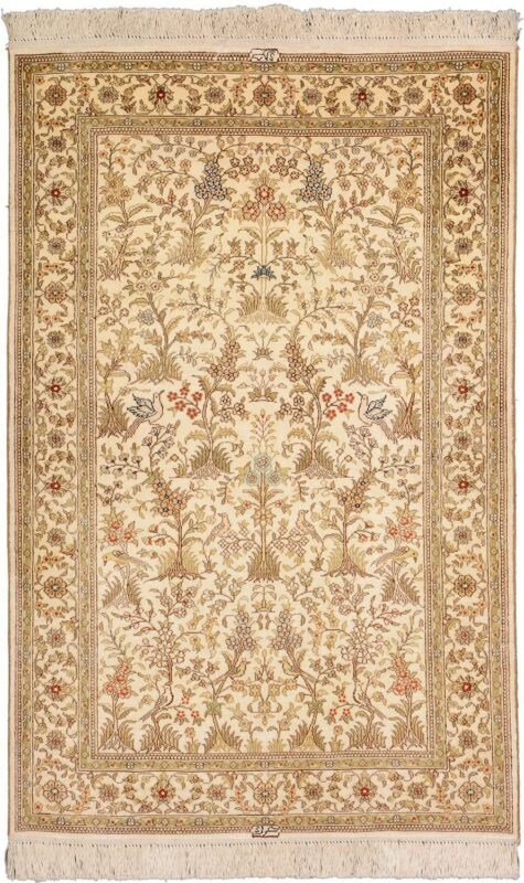 Hereke Oriental Rug 79 × 123 cm, Silk, White/Beige, hand-knotted, exclusive