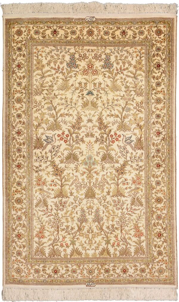 Hereke Oriental Rug 79 × 123 cm, Silk, White/Beige, hand-knotted, exclusive