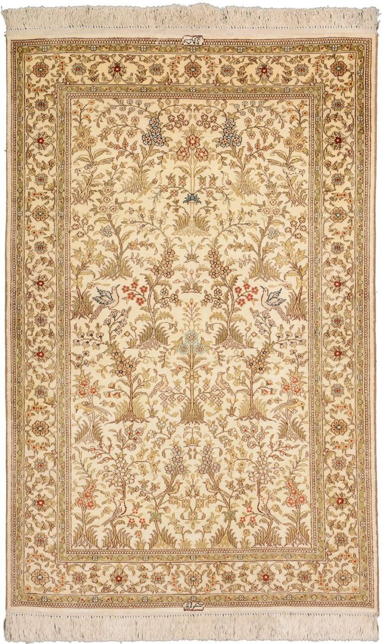 Hereke Oriental Rug 79 × 123 cm, Silk, White/Beige, hand-knotted, exclusive