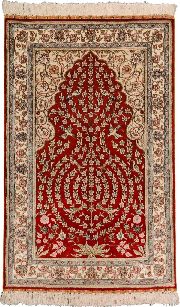 Hereke Oriental Rug 79 × 126 cm, Silk, Red/Orange, hand-knotted