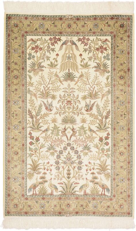 Hereke Oriental Rug 80 × 124 cm, Silk, White/Beige, hand-knotted