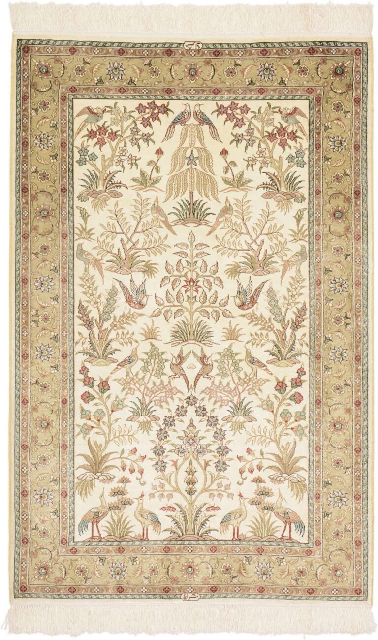 Hereke Oriental Rug 80 × 124 cm, Silk, White/Beige, hand-knotted