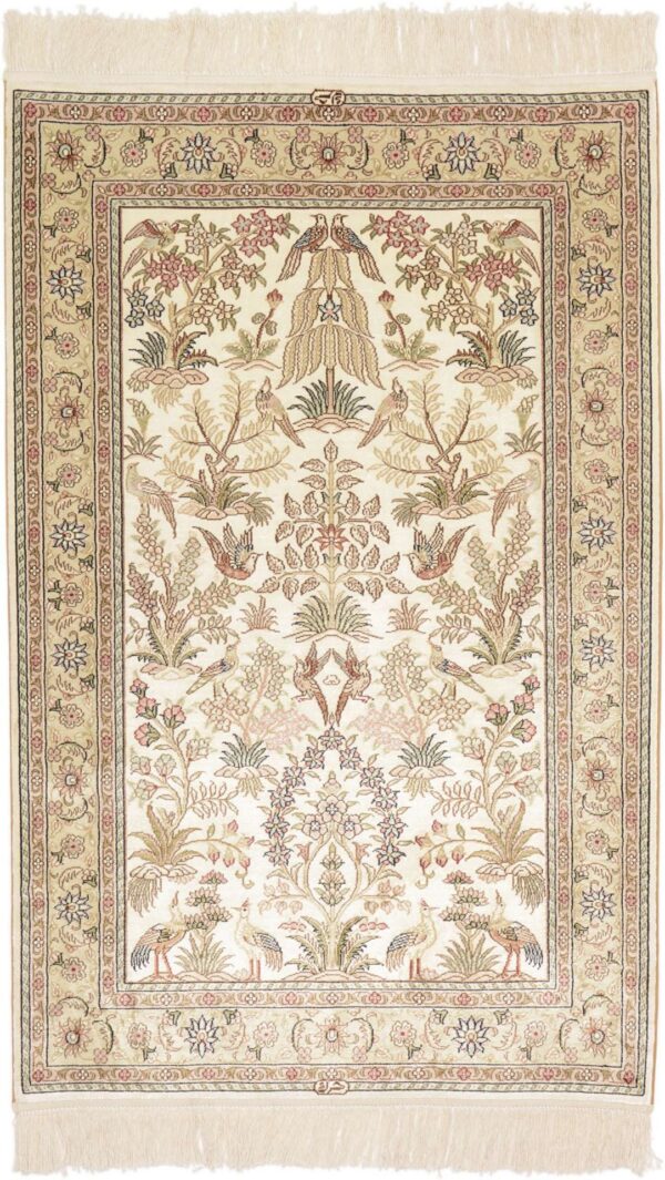 Hereke Oriental Rug 80 × 125 cm, Silk, White/Beige, hand-knotted