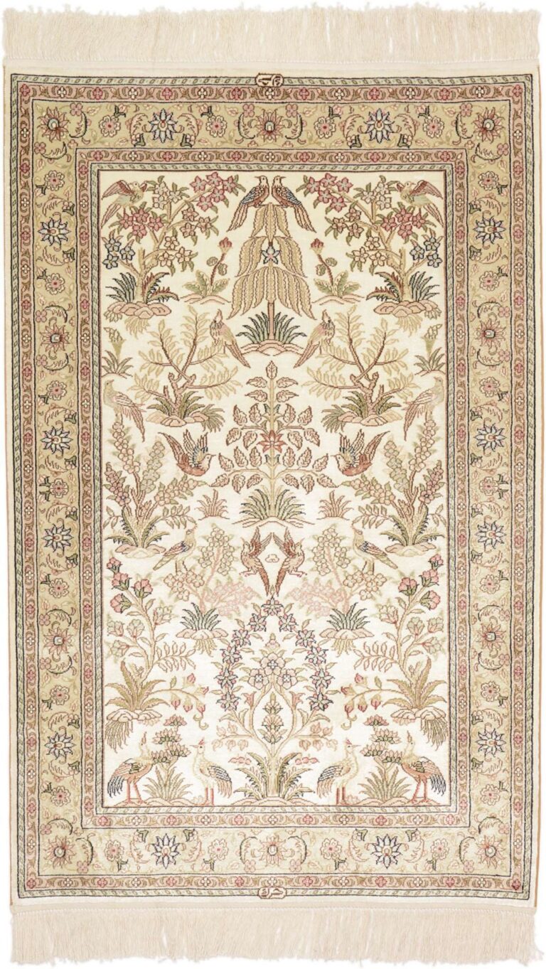 Hereke Oriental Rug 80 × 125 cm, Silk, White/Beige, hand-knotted