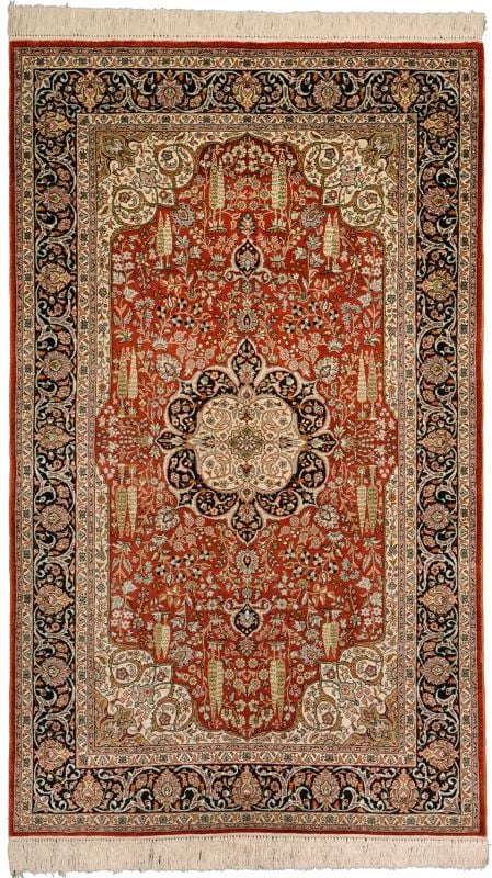 Hereke Oriental Rug 91 × 152 cm, Silk, Red/Orange, hand-knotted