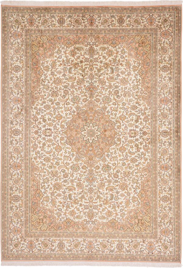 Kashmir Oriental Rug 175 × 246 cm, Silk, White/Beige, hand-knotted