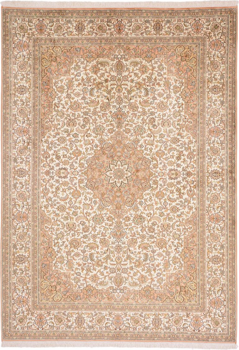 Kashmir Oriental Rug 175 × 246 cm, Silk, White/Beige, hand-knotted