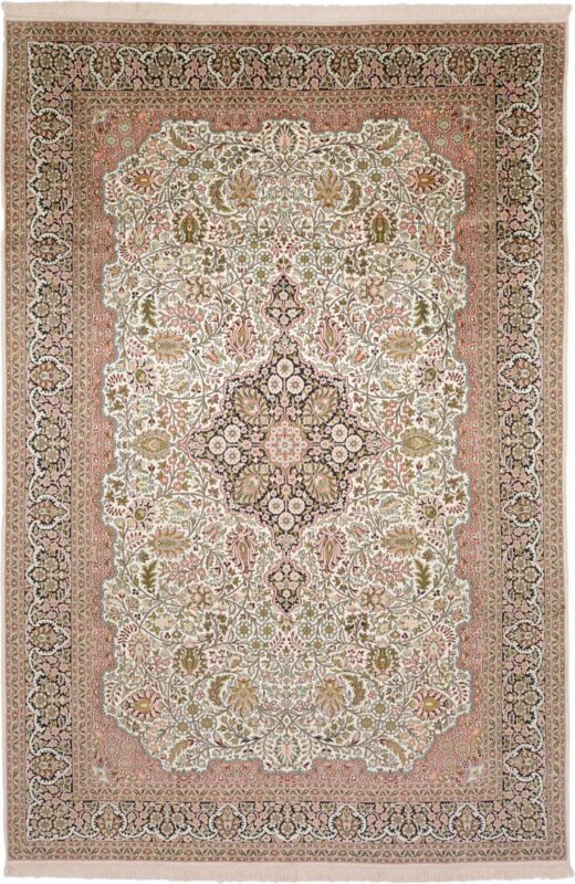 Kashmir Oriental Rug 185 × 276 cm, Silk, White/Beige, hand-knotted