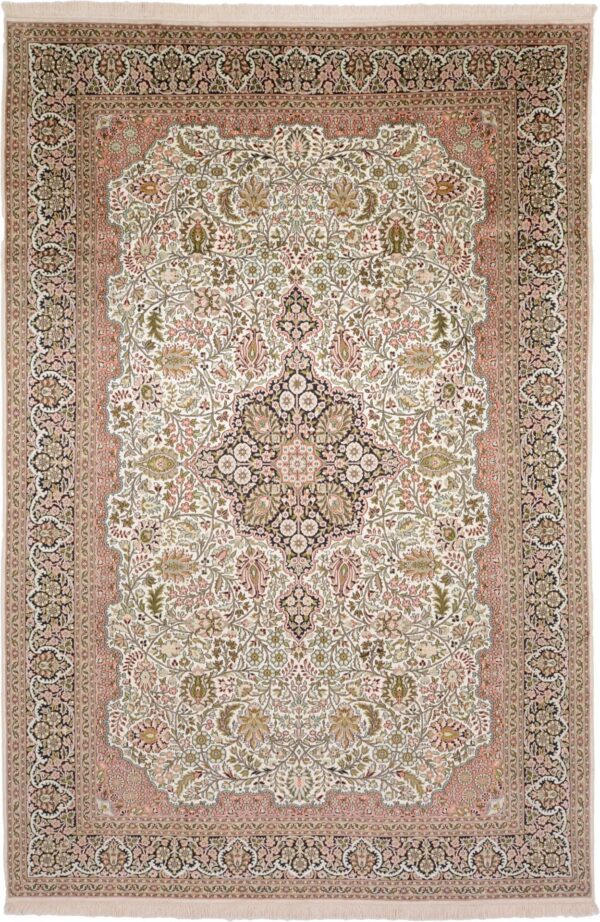 Kashmir Oriental Rug 185 × 276 cm, Silk, White/Beige, hand-knotted