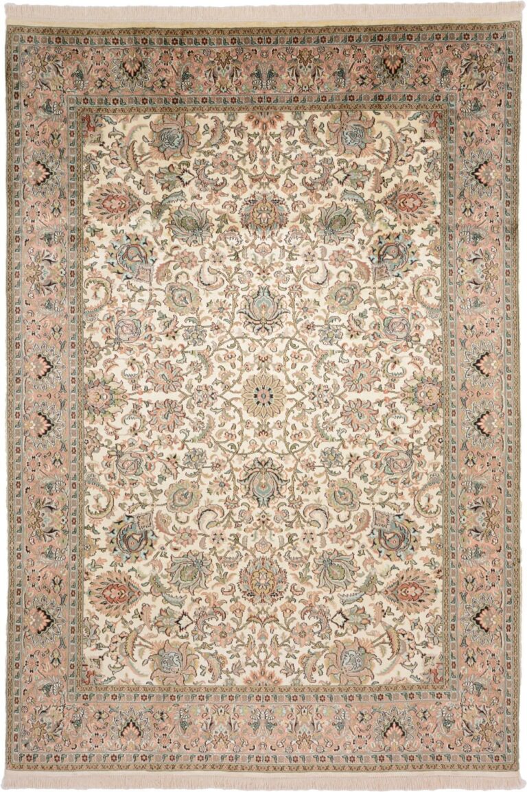 Kashmir Oriental Rug 190 × 276 cm, Silk, White/Beige, hand-knotted