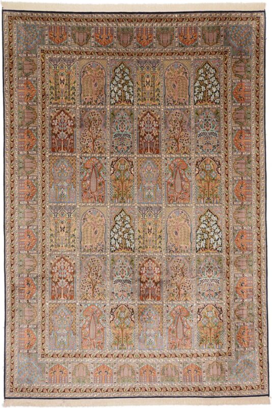Kashmir Oriental Rug 216 × 313 cm, Silk, White/Beige, hand-knotted