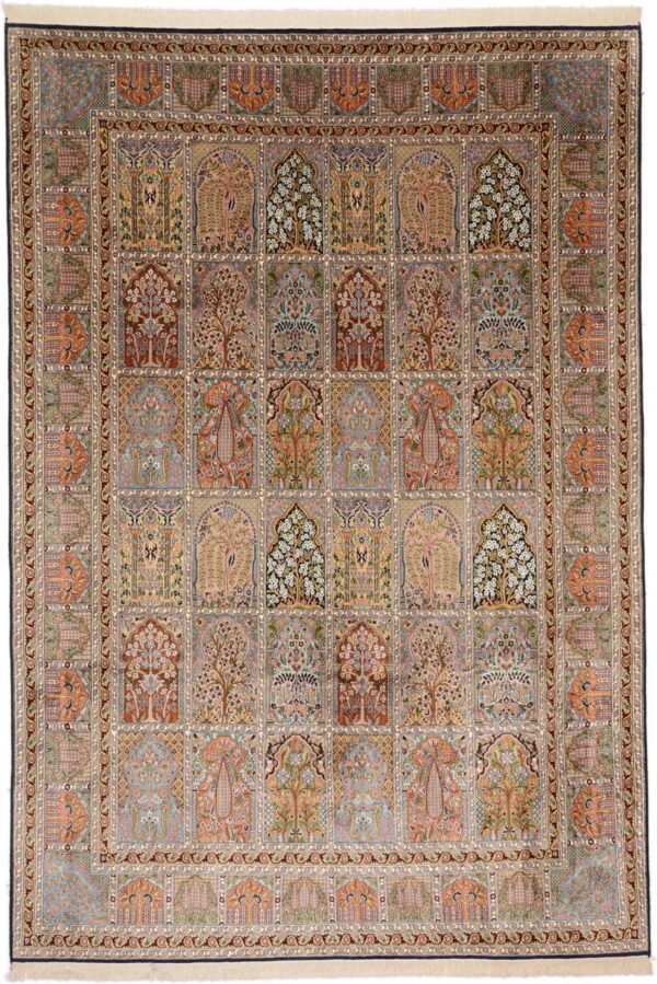 Kashmir Oriental Rug 216 × 313 cm, Silk, White/Beige, hand-knotted