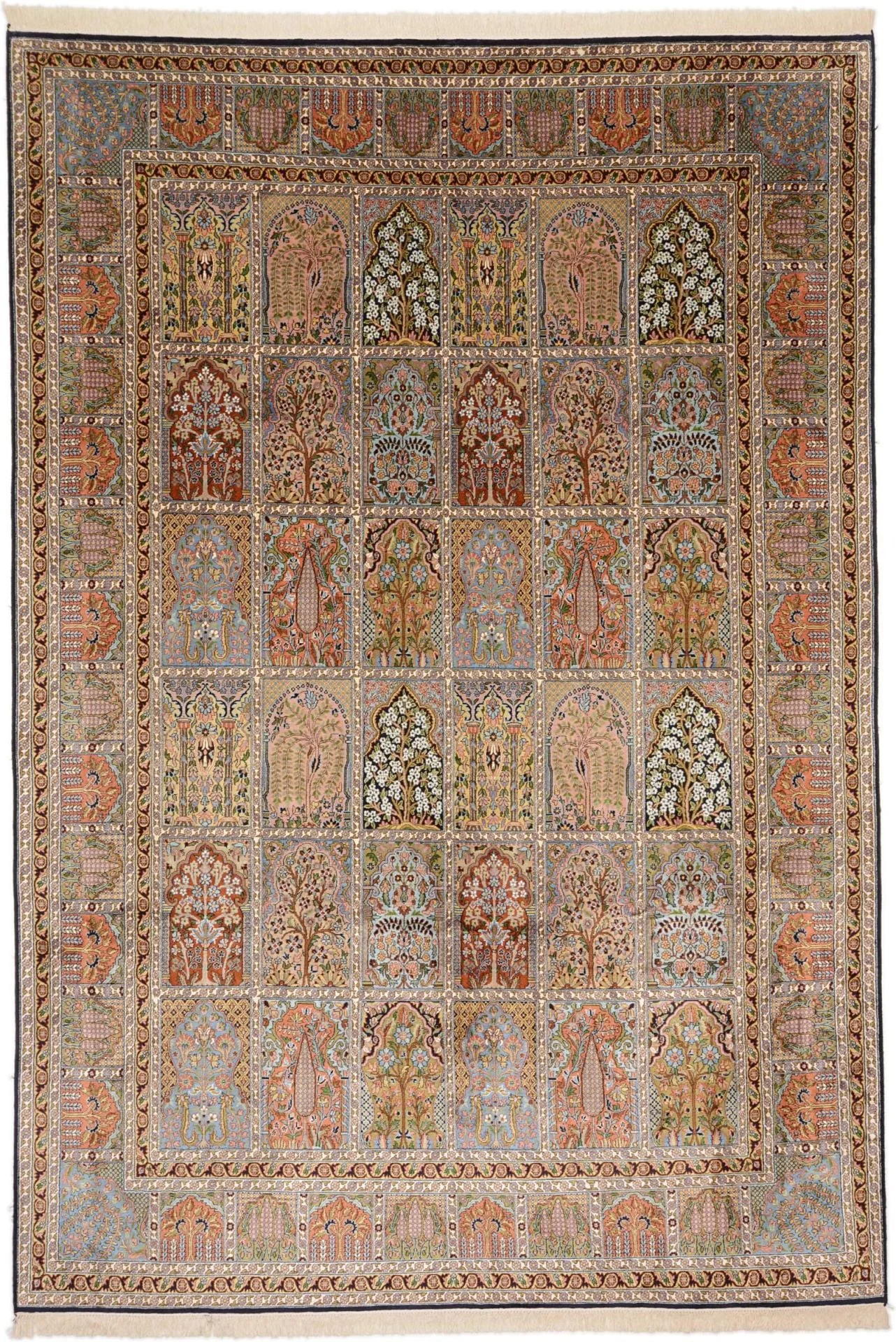 Kashmir Oriental Rug 216 × 313 cm, Silk, White/Beige, hand-knotted