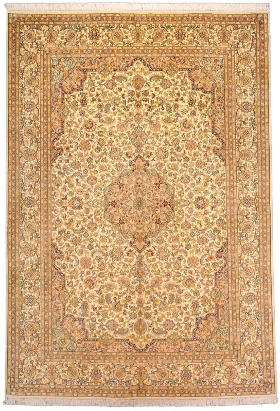 Kashmir Oriental Rug 170 × 247 cm, Silk, White/Beige, hand-knotted