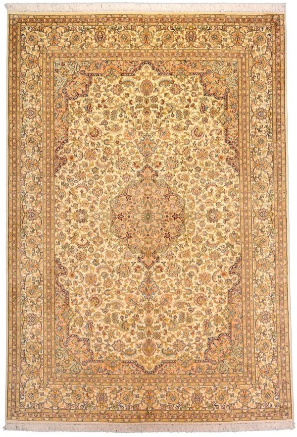 Kashmir Oriental Rug 170 × 247 cm, Silk, White/Beige, hand-knotted