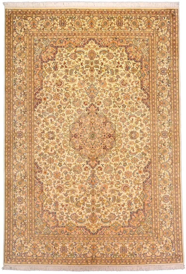 Kashmir Oriental Rug 170 × 247 cm, Silk, White/Beige, hand-knotted