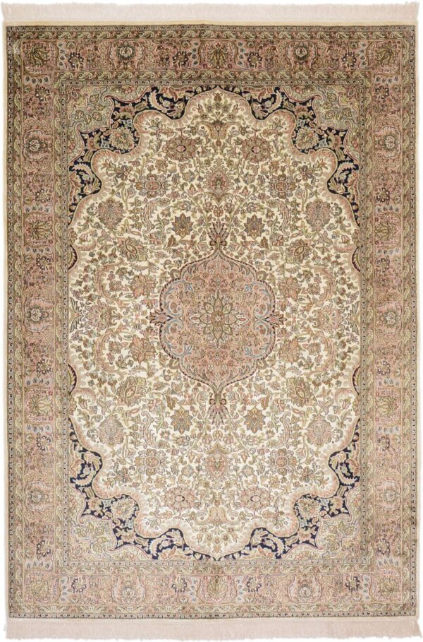 Kashmir Oriental Rug 172 × 248 cm, Silk, White/Beige, hand-knotted