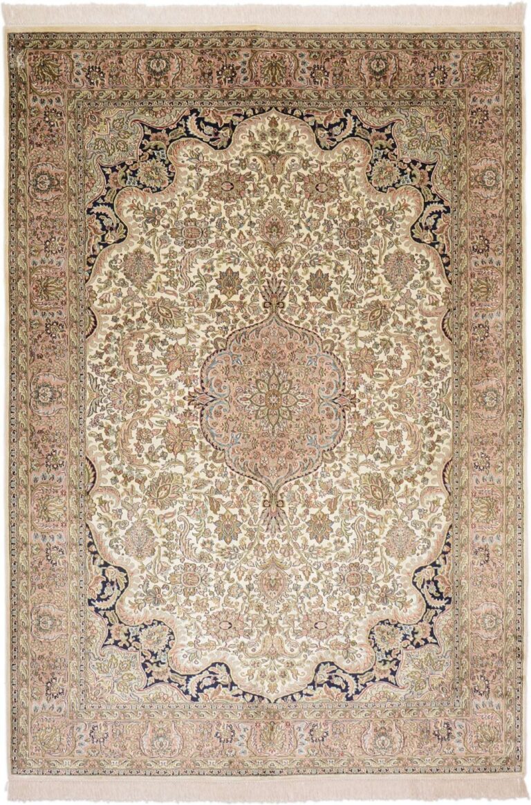 Kashmir Oriental Rug 172 × 248 cm, Silk, White/Beige, hand-knotted