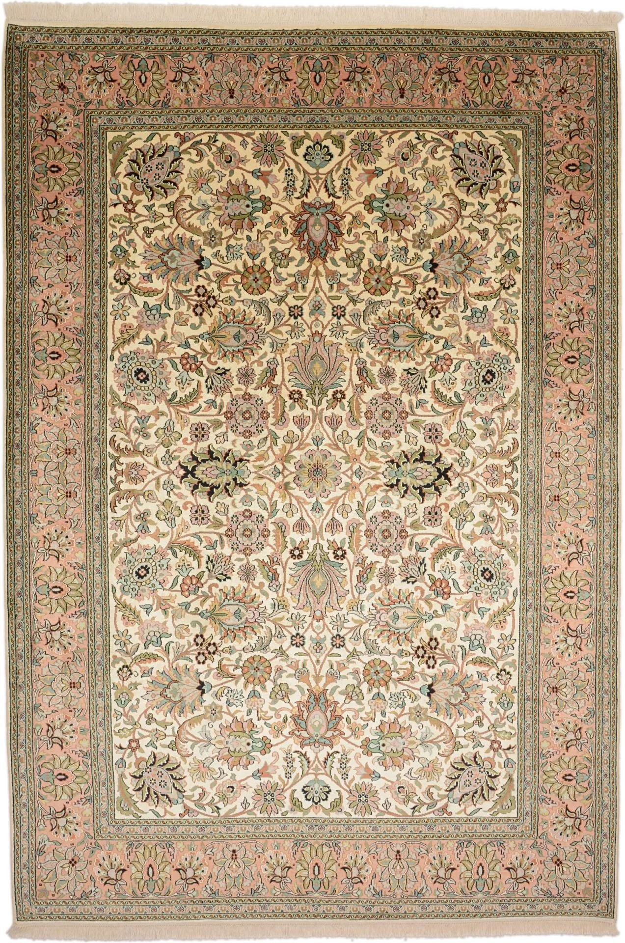 Kashmir Oriental Rug 188 × 275 cm, Silk, hand-knotted, pastel