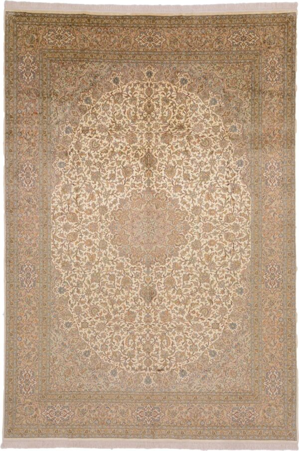 Kashmir Oriental Rug 213 × 310 cm, Silk, White/Beige, hand-knotted