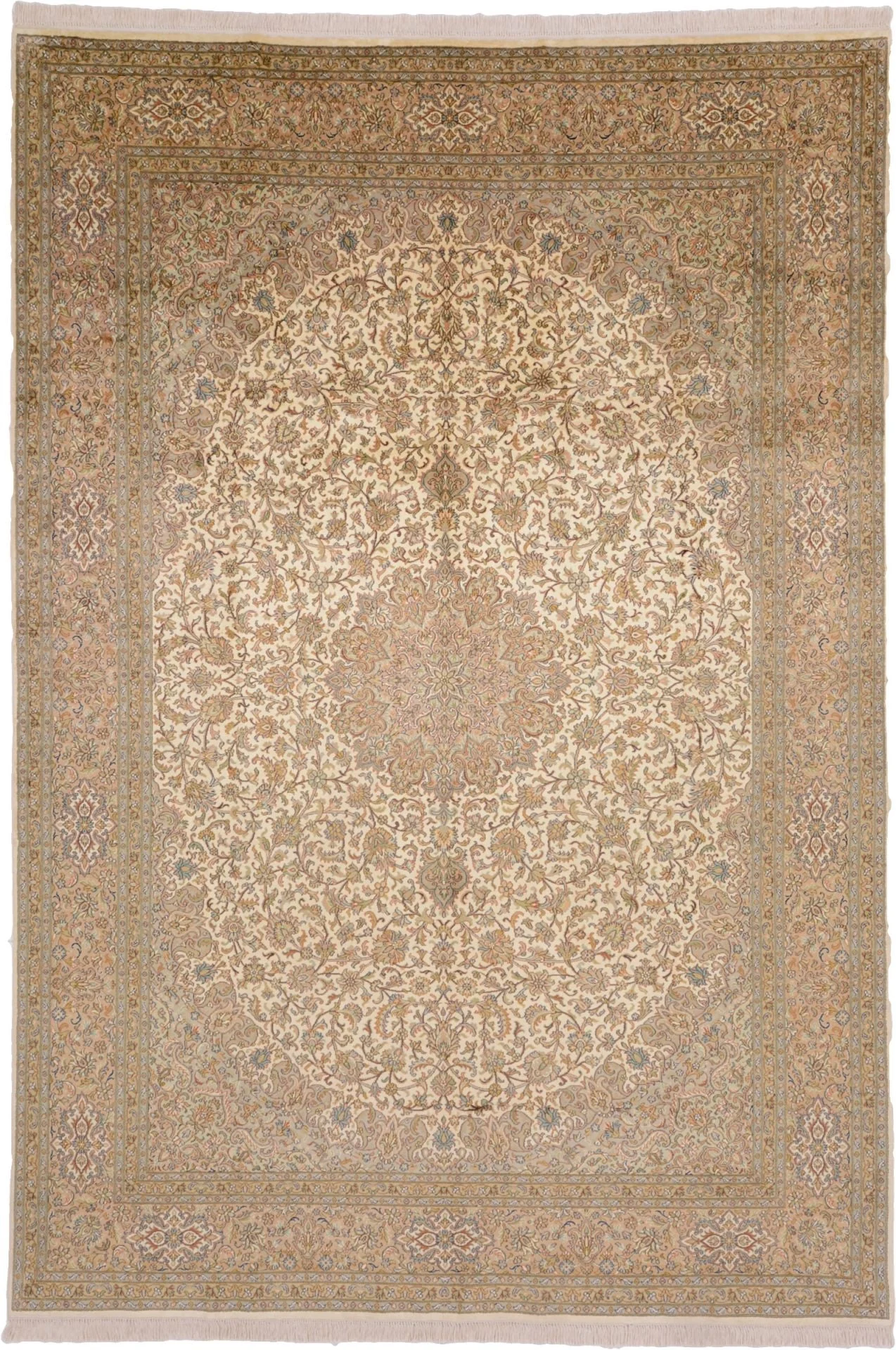 Kashmir Oriental Rug 213 × 310 cm, Silk, White/Beige, hand-knotted
