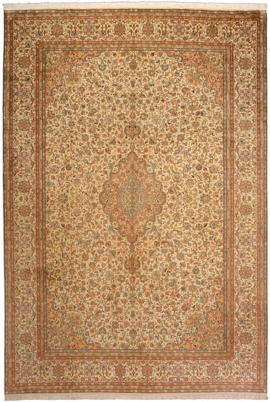 Kashmir Oriental Rug 213 × 310 cm, Silk, White/Beige, hand-knotted