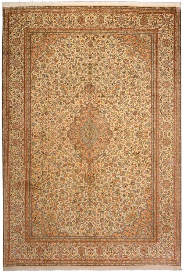 Kashmir Oriental Rug 213 × 310 cm, Silk, White/Beige, hand-knotted