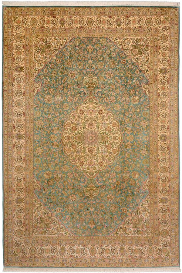 Kashmir Oriental Rug 216 × 313 cm, Silk, White/Beige, hand-knotted