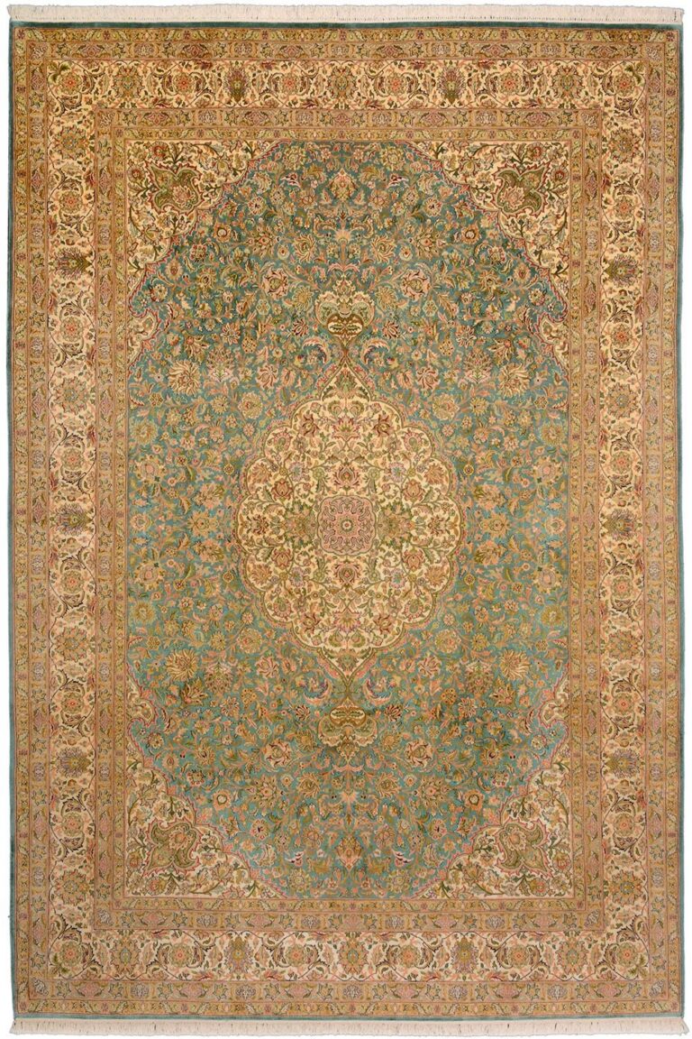 Kashmir Oriental Rug 216 × 313 cm, Silk, White/Beige, hand-knotted